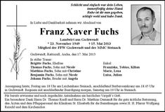 Traueranzeige Franz Xaver Fuchs