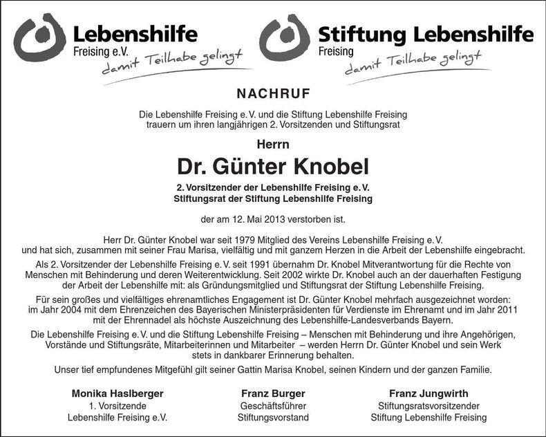 Traueranzeige Günter Dr. Knobel