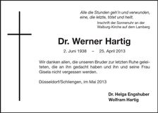 Traueranzeige Werner Hartig