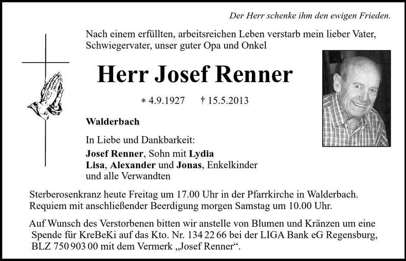 Traueranzeige Josef Renner