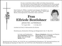 Traueranzeige Elfriede Bentlohner