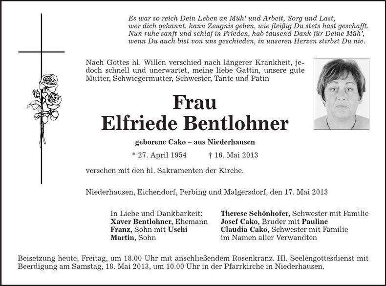 Traueranzeige Elfriede Bentlohner