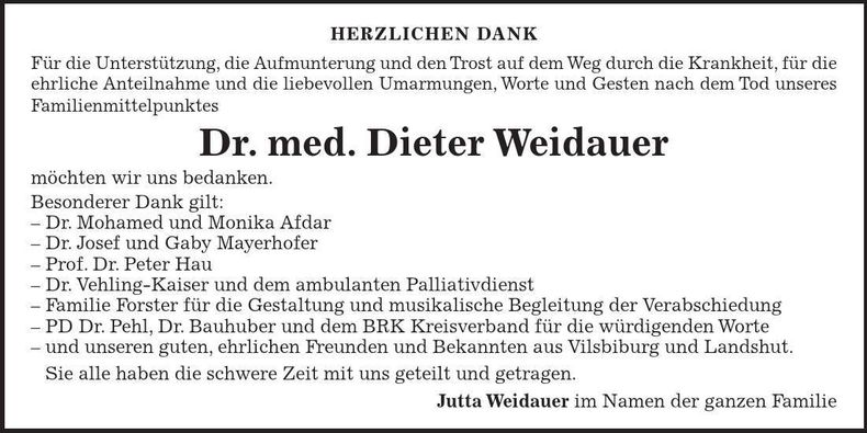 Traueranzeige Dieter Weidauer