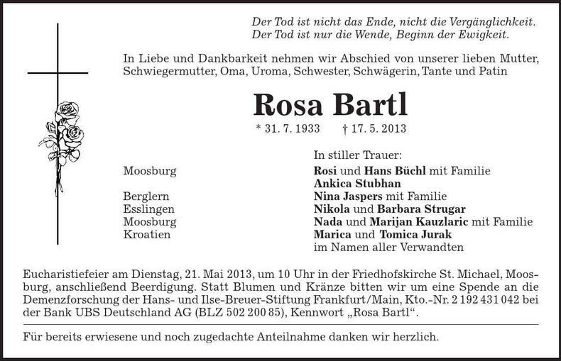 Traueranzeige Rosa Bartl