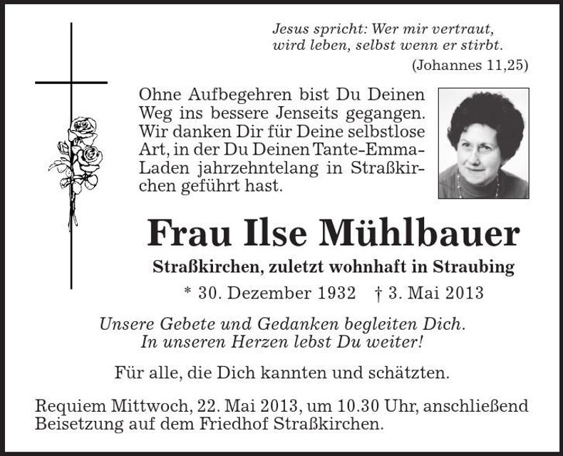 Traueranzeige Ilse Mühlbauer