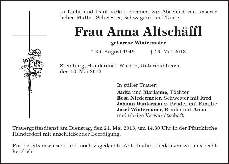 Traueranzeige Anna Altschäffl