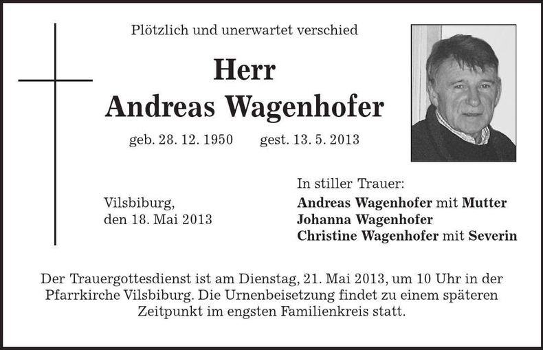 Traueranzeige Andreas Wagenhofer
