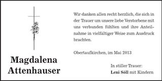 Traueranzeige Magdalena Attenhauser