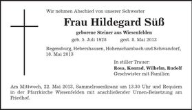Traueranzeige Hildegard Süß