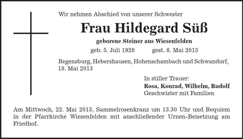 Traueranzeige Hildegard Süß