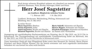 Traueranzeige Josef Sagstetter