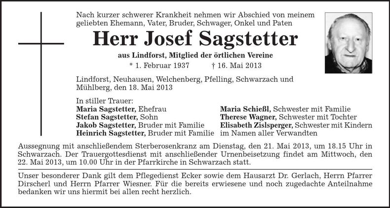 Traueranzeige Josef Sagstetter
