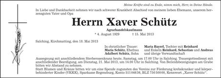 Traueranzeige Xaver 'Schütz