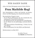 Traueranzeige Mathilde Rogl