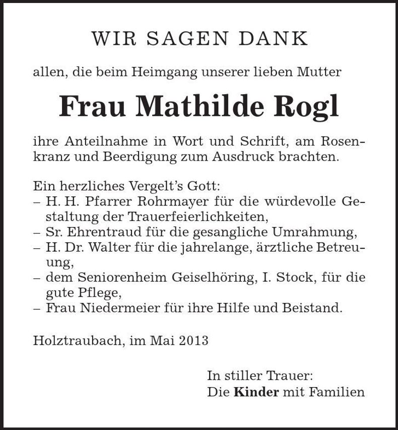 Traueranzeige Mathilde Rogl