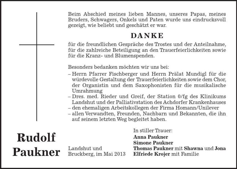Traueranzeige Rudolf Paukner