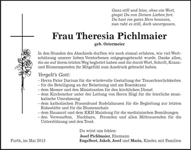 Traueranzeige Theresia Pichlmaier