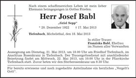Traueranzeige Josef Babl