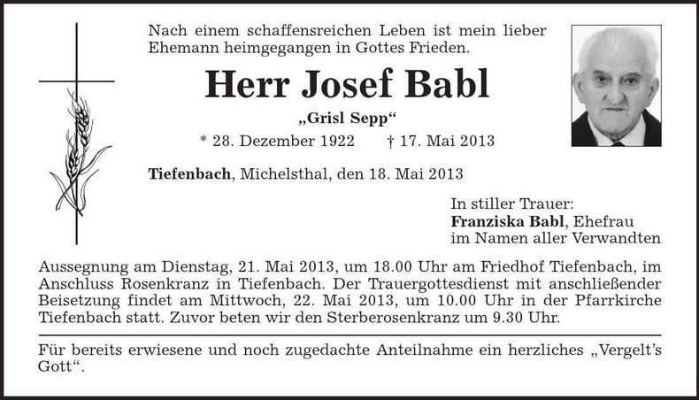 Traueranzeige Josef Babl