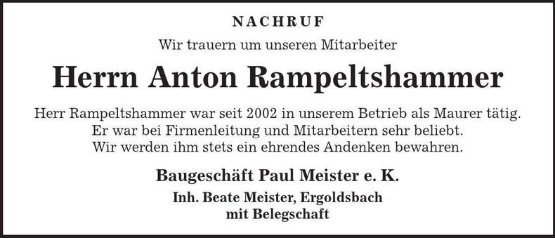 Traueranzeige Anton Rampeltshammer
