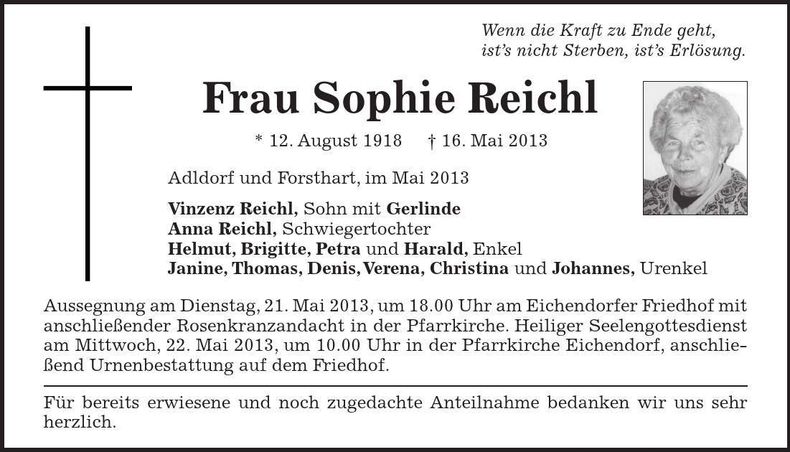 Traueranzeige Sophie Reichl