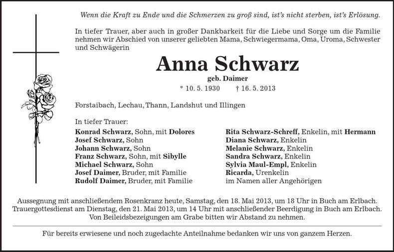 Traueranzeige Anna Schwarz