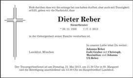 Traueranzeige Dieter Reber