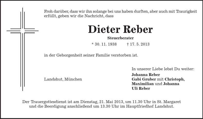 Traueranzeige Dieter Reber