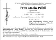 Traueranzeige Maria Pribil