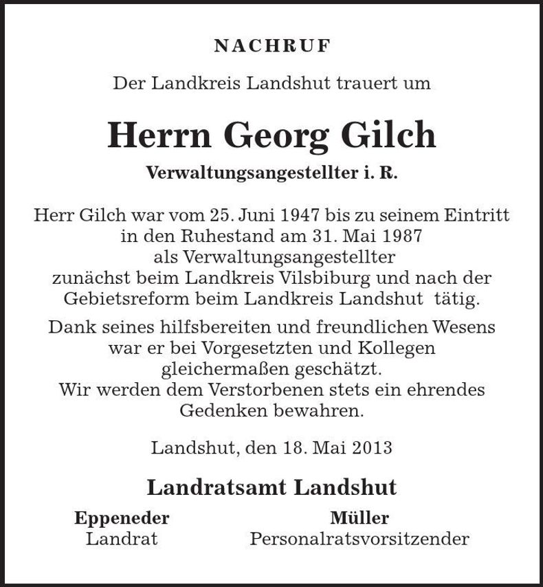 Traueranzeige Georg Gilch