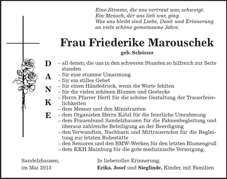 Traueranzeige Friederike Marouschek