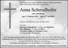 Traueranzeige Anna Schmalhofer