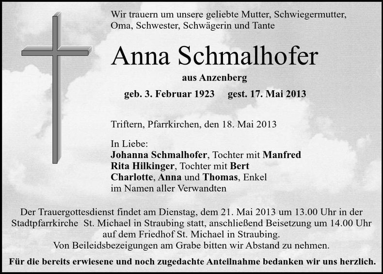Traueranzeige Anna Schmalhofer
