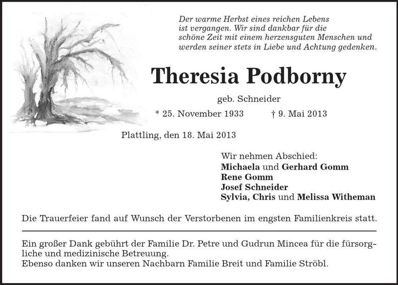 Traueranzeige Theresia Podborny
