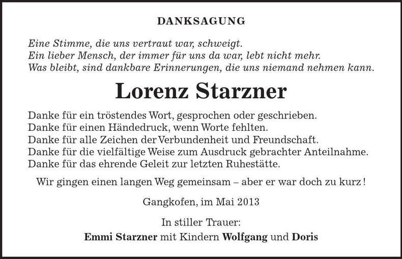 Traueranzeige Lorenz Starzner