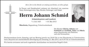 Traueranzeige Johann Schmid