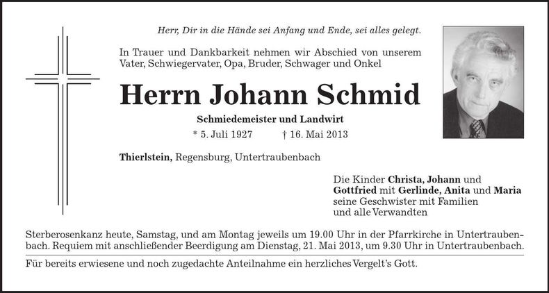 Traueranzeige Johann Schmid