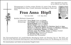 Traueranzeige Anna Höpfl