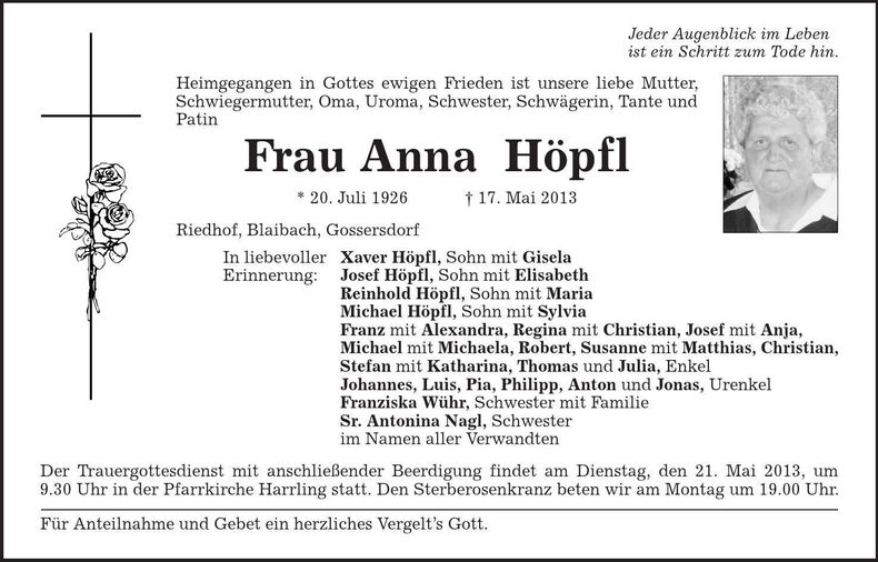 Traueranzeige Anna Höpfl