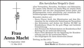 Traueranzeige Anna Macht