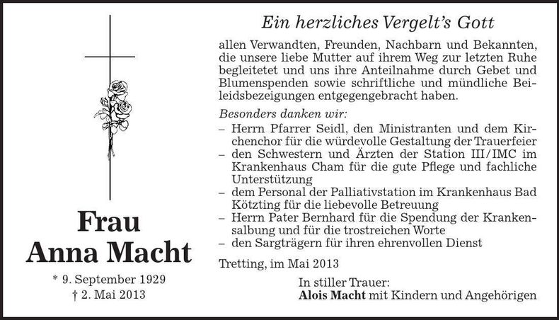 Traueranzeige Anna Macht