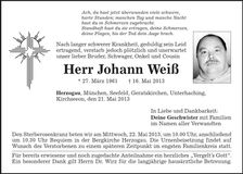 Traueranzeige Johann Weiß