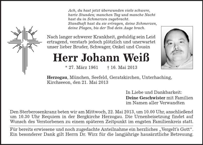 Traueranzeige Johann Weiß