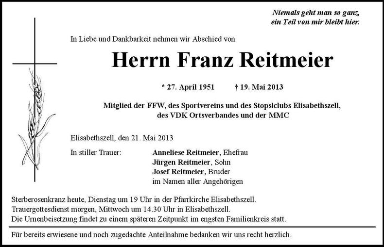 Traueranzeige Franz Reitmeier
