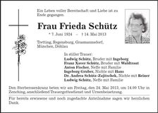 Traueranzeige Frieda Schütz