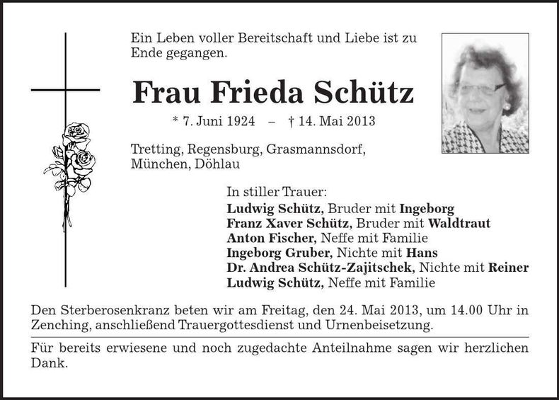 Traueranzeige Frieda Schütz