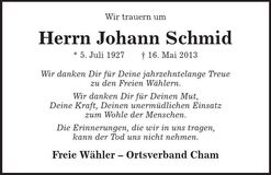 Traueranzeige Johann Schmid