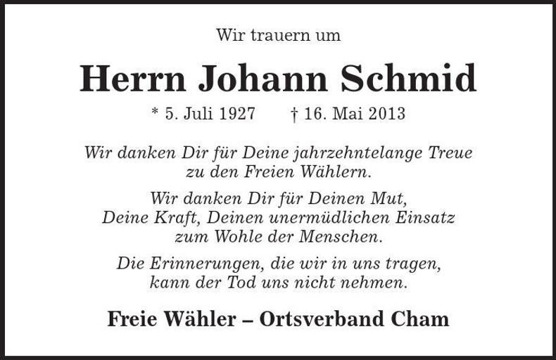 Traueranzeige Johann Schmid