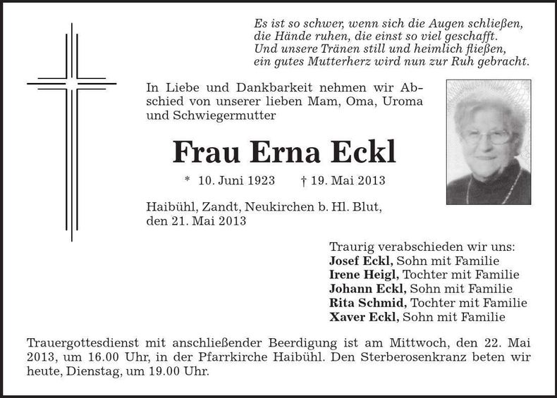 Traueranzeige Erna Eckl