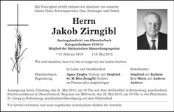 Traueranzeige Jakob Zirngibl